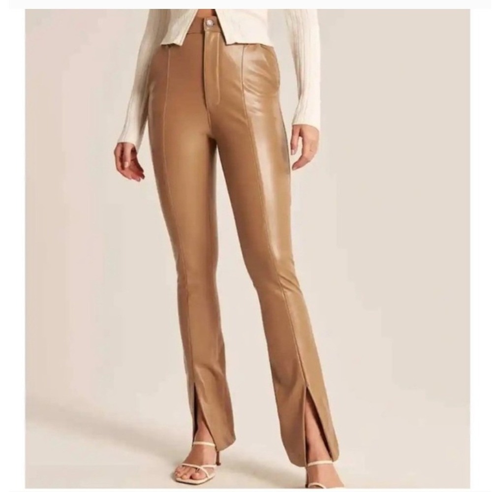 Abercrombie Curve Faux Leather Skinny Pants Ultra High Rise Split Hem Tan 27 s